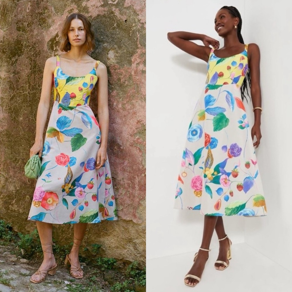 NWT Tuckernuck Vivid Jardin Dominique Midi Dress Floral Stawberry Print